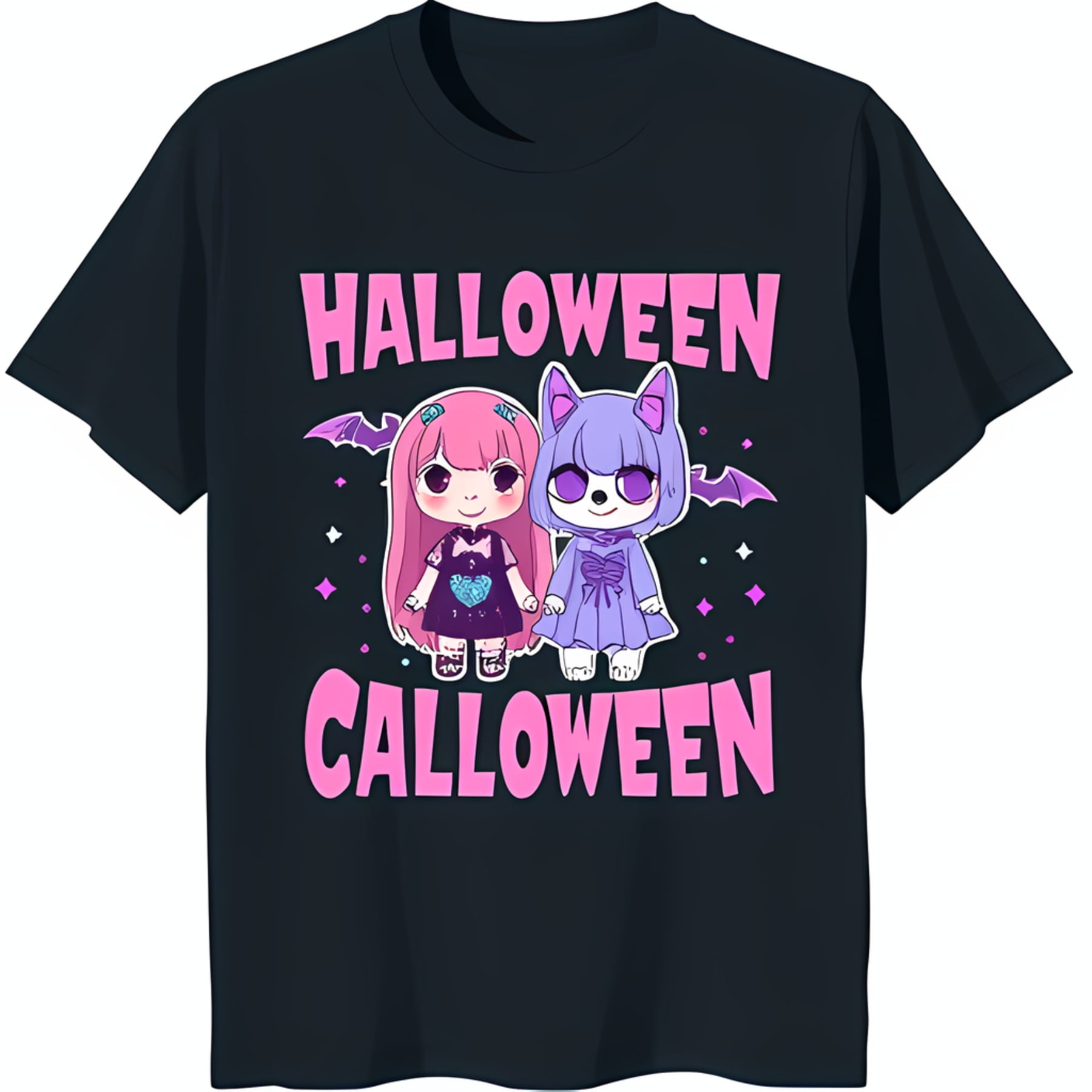 Adorable Black Halloween TShirt with 'Halloween Calloween' Design Pink Haired Girl & Cat in