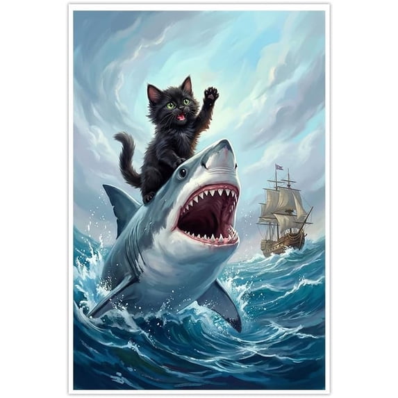 Adorable Black Kitten Riding Shark Wall Art Canvas Prints Fantasy Ocean ...