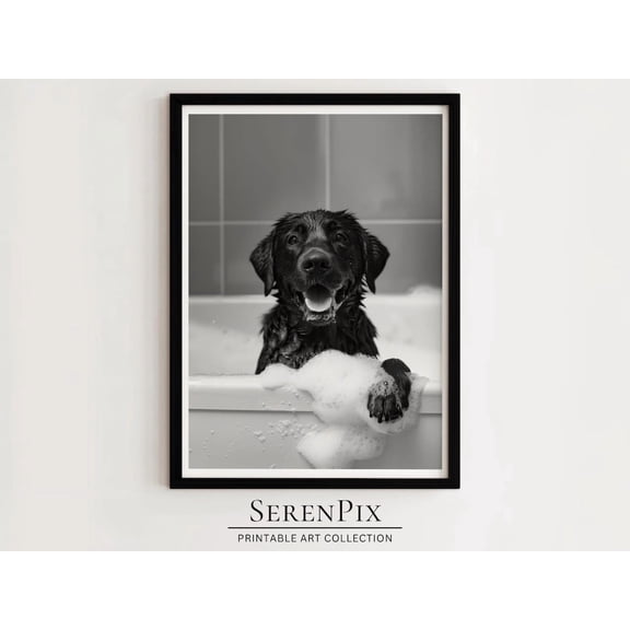 Adorable Black LabradorBathtub Wall Art Dog Print Black And White AnimalBathroom Bathtime Wall Art Modern Wall Decor