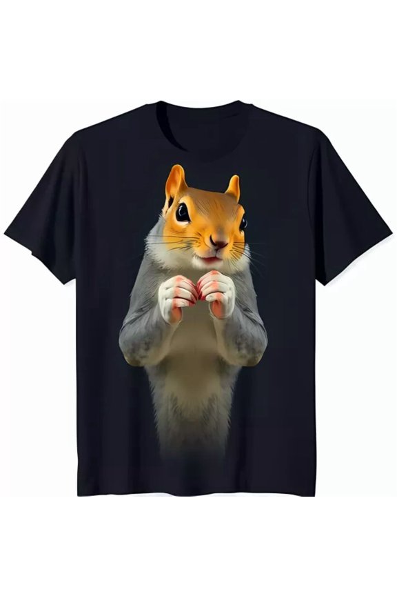 Adorable Black T-Shirt With Cute Squirrel Graphic Grey Body Hello Pose