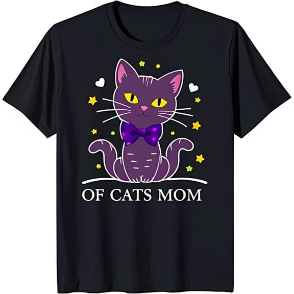 Adorable Black T-Shirt for Cat Lovers Cute Cat with & Stars 'OF CATS MOM' Graphic