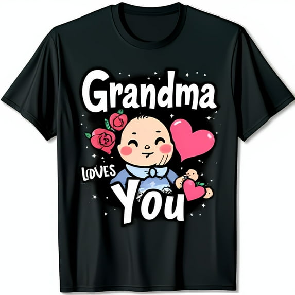 Adorable Black T-Shirt for Grandma: Cartoon Holding Heart Grandma Loves You Graphic