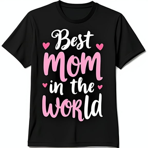 Adorable Black T-Shirt with Best Mom in the World Graphic & Pink Hearts