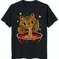Adorable Black TShirt with Brown Tabby Cat Eating Ramen for Cat Lovers