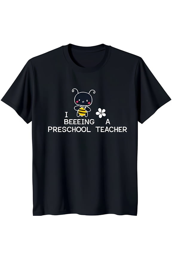 Adorable Black T-Shirt with Cartoon Bee Holding Heart & Flower Crown for Preschool Teachers