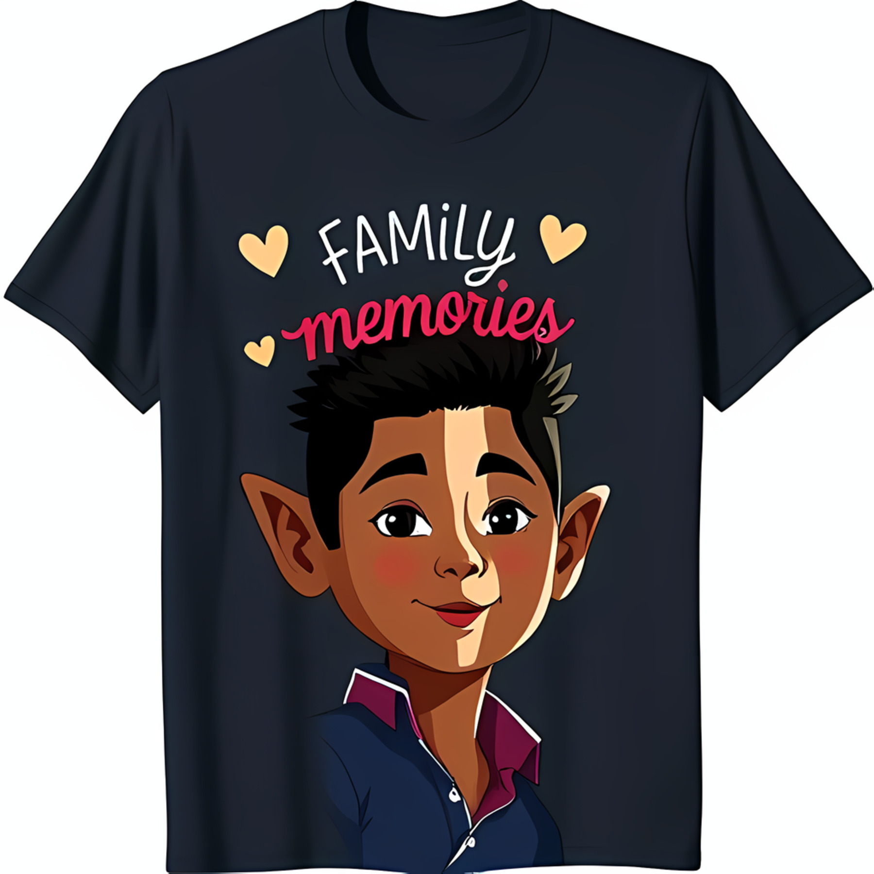 Adorable Black TShirt with Cartoon Boy Graphic & 'Family Memories