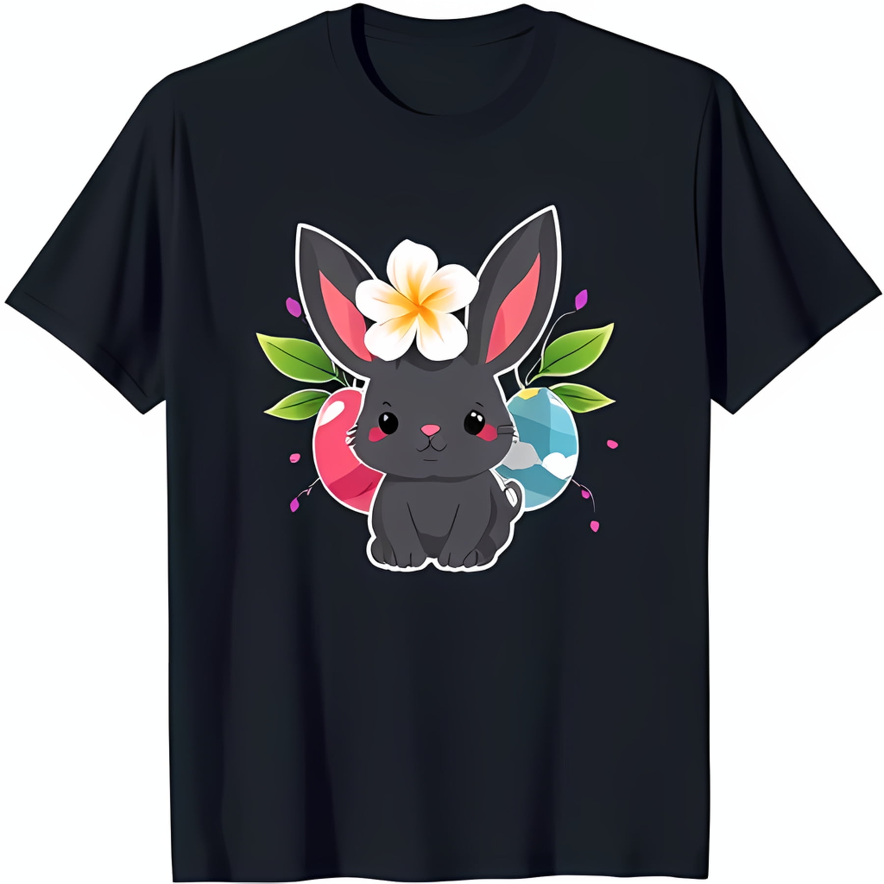 Adorable Black TShirt with Cartoon & Colorful Easter Eggs Graphic