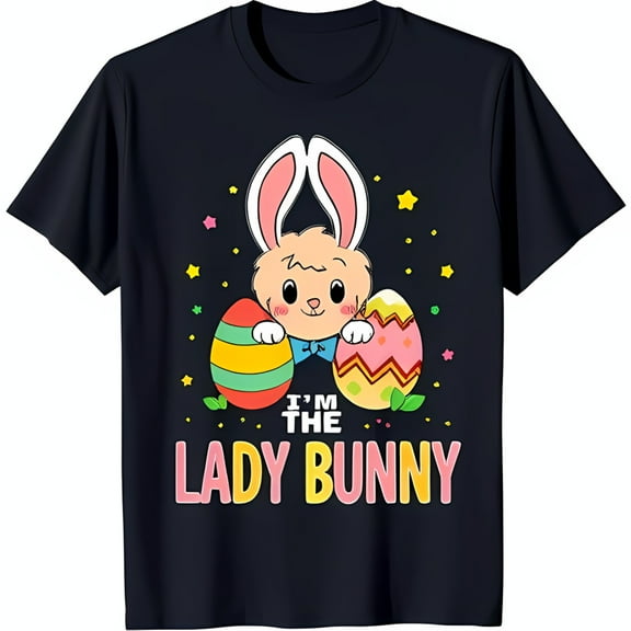 Adorable Black T-Shirt with Cartoon & Colorful Easter Eggs 'I'm the Lady ' Design
