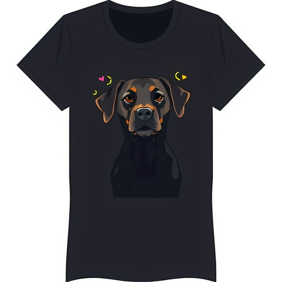 Adorable Black T-Shirt with Cartoon Dog Graphic Pink Hearts & Yellow Moons