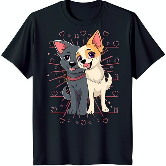 Adorable Black T-Shirt with Cartoon Dogs Hugging Australian & Chihuahua Graphic