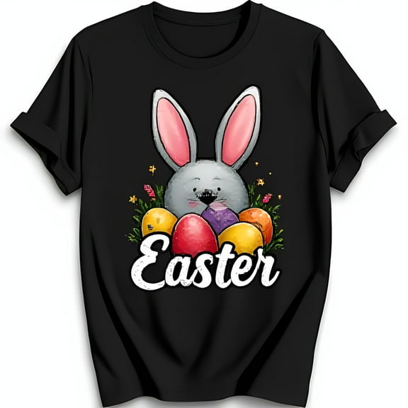 Adorable Black T-Shirt with Cartoon Easter & Colorful Eggs Graphic