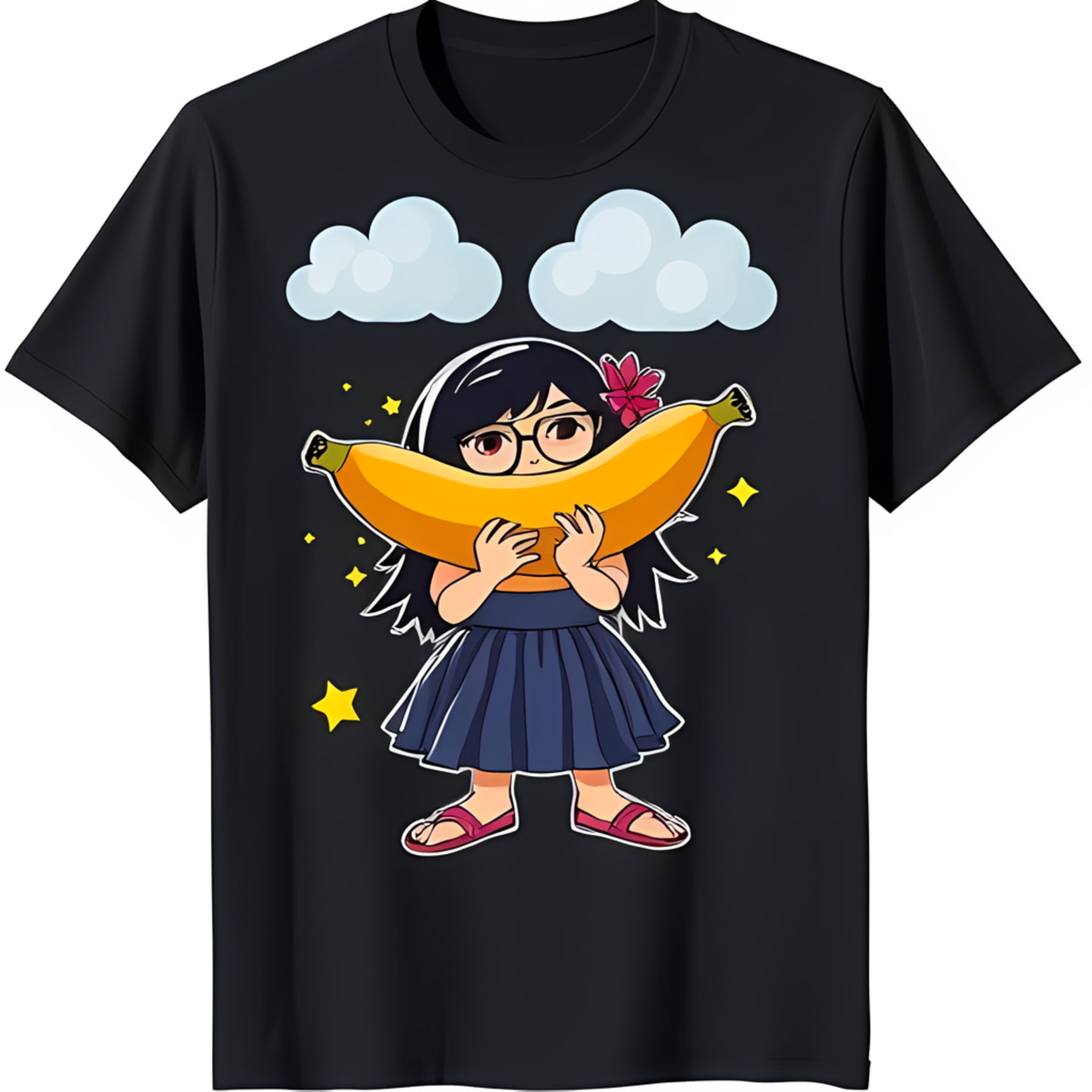 Adorable Black TShirt with Cartoon Girl Banana Blue Clouds & Stars