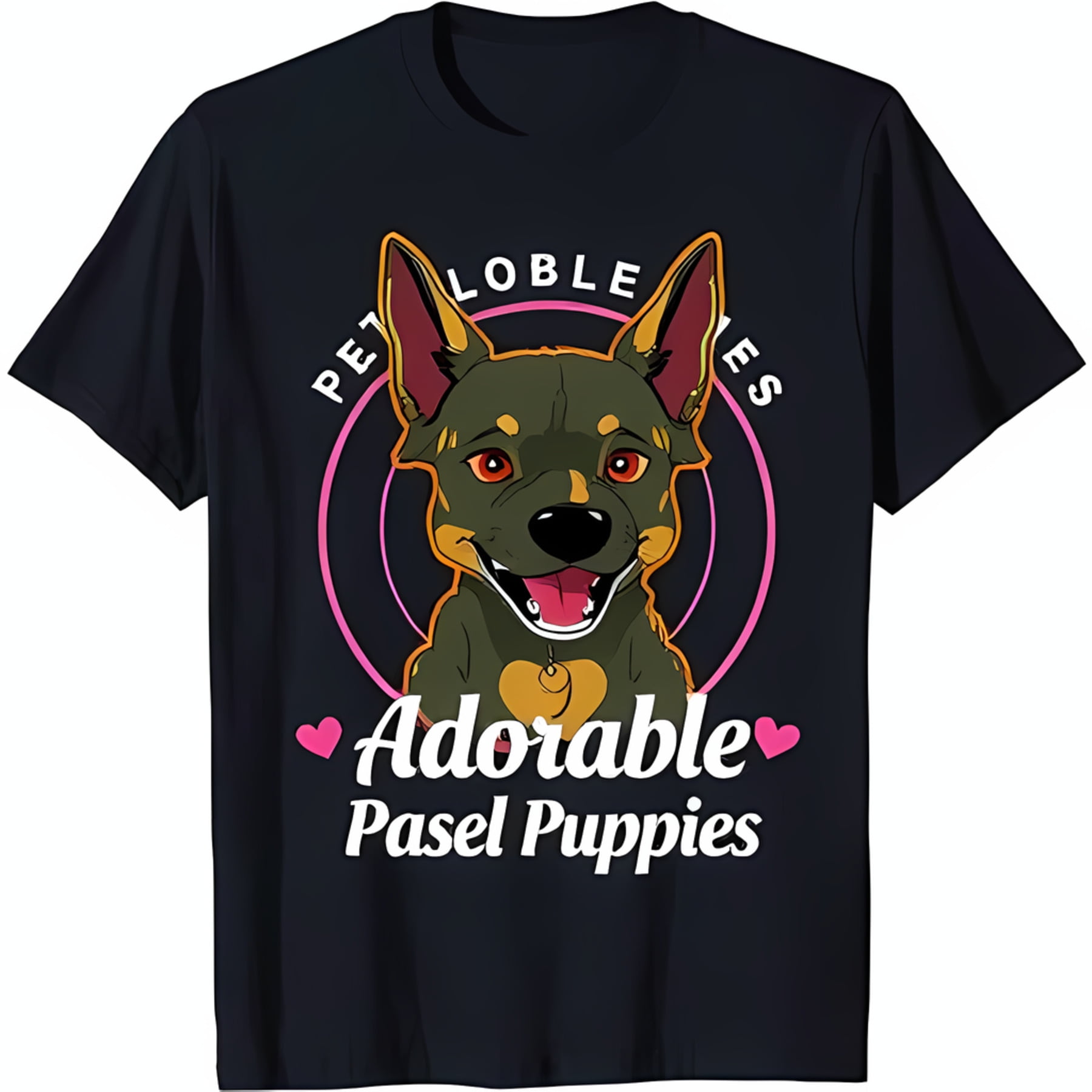 Adorable Black TShirt with Cartoon Green & Tan Dog Pink Ears 'Pet