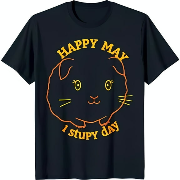 Adorable Black T-Shirt with Cartoon Guinea Pig 'Happy May I Stupy Day' Design