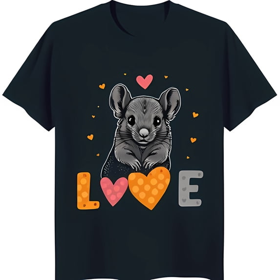 Adorable Black T-Shirt with Cartoon Hamster Holding Heart Shaped Cheese & 'LOVE' Design