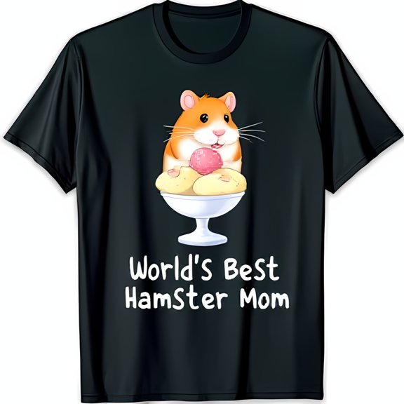 Adorable Black T-Shirt with Cartoon Hamster in Ice Cream for Hamster Moms