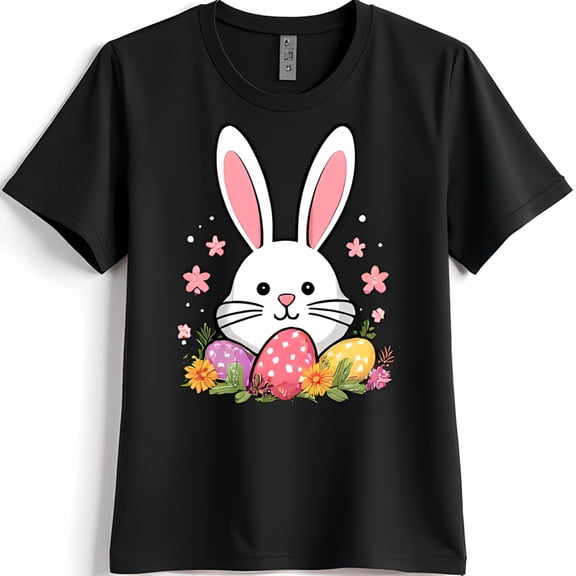 Adorable Black T-Shirt with Cartoon Holding Colorful Easter Eggs & Flowers