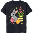 Adorable Black TShirt with Cartoon Holding Pink & Yellow Easter Egg