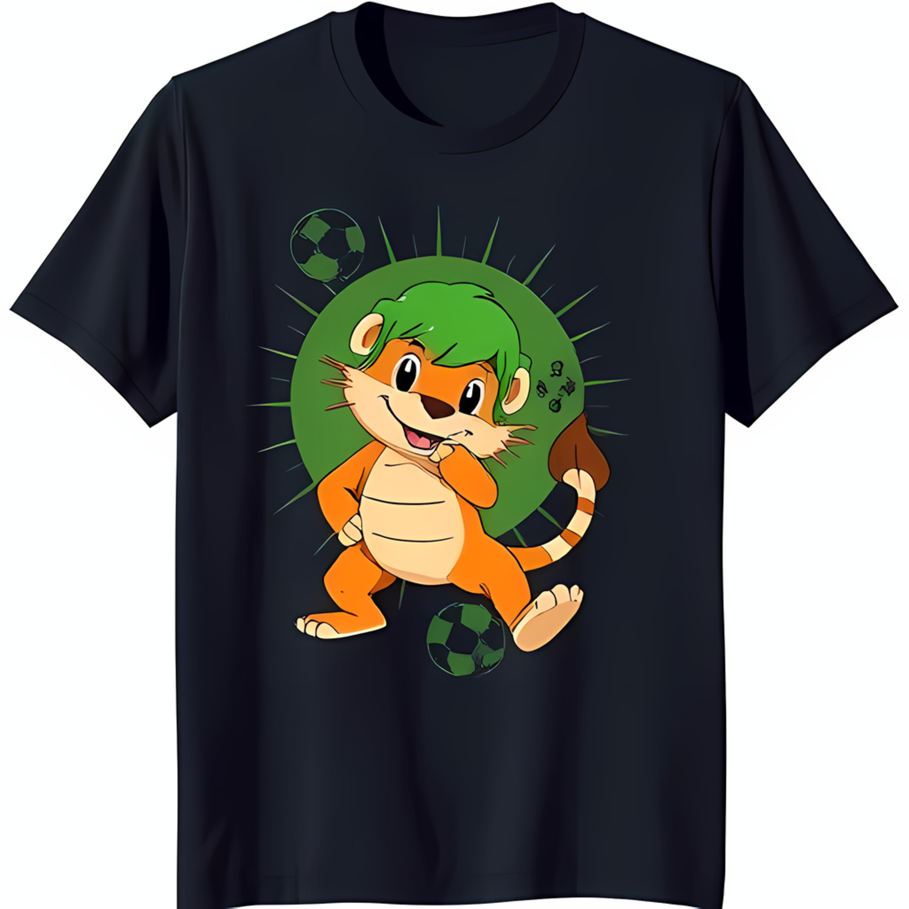 Adorable Black TShirt with Cartoon Mascot in Green Hat & Soccer Ball