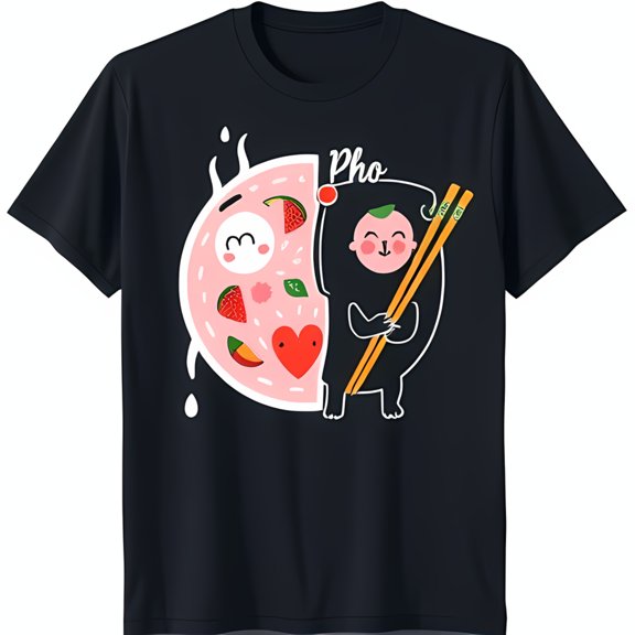 Adorable Black T-Shirt with Cartoon Pho & Bear Holding Chopsticks