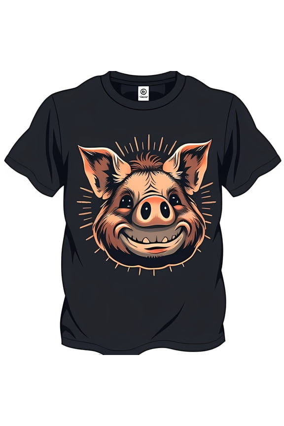 Adorable Black T-Shirt with Cartoon Pig Face Graphic Floppy Ears & Friendly Smile