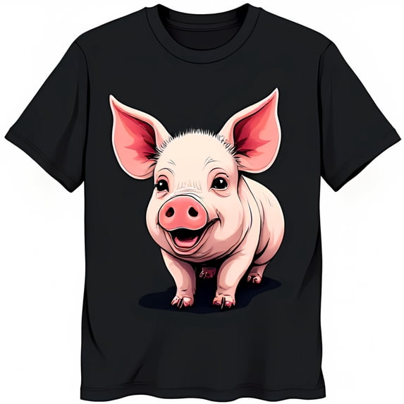 Adorable Black T-Shirt with Cartoon Pig Graphic Cute & Fun Design