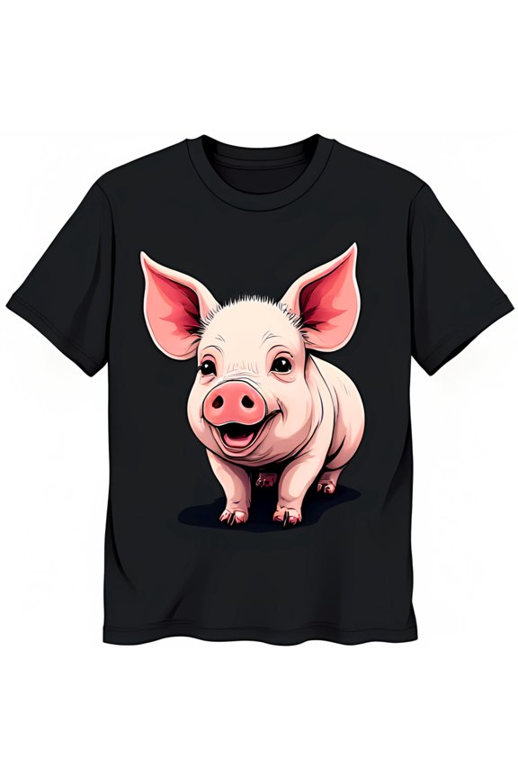 Adorable Black T-Shirt with Cartoon Pig Graphic Cute & Fun Design