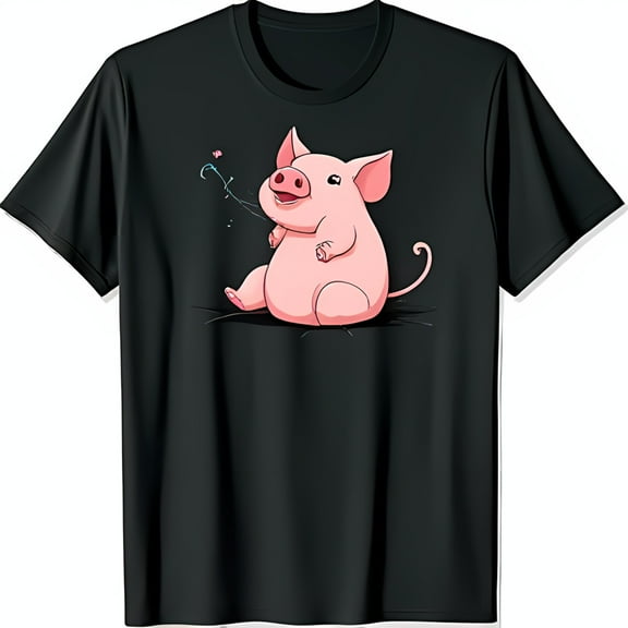 Adorable Black T-Shirt with Cartoon Pig Graphic & Flower Design