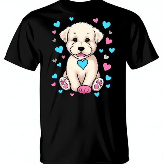 Adorable Black T-Shirt with Cartoon Puppy & Colorful Heart Design Cute Pet Lover Tee