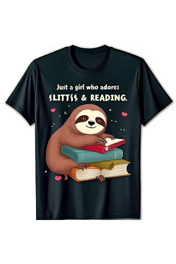Adorable Black T-Shirt with Cartoon Sloth & Love Graphic
