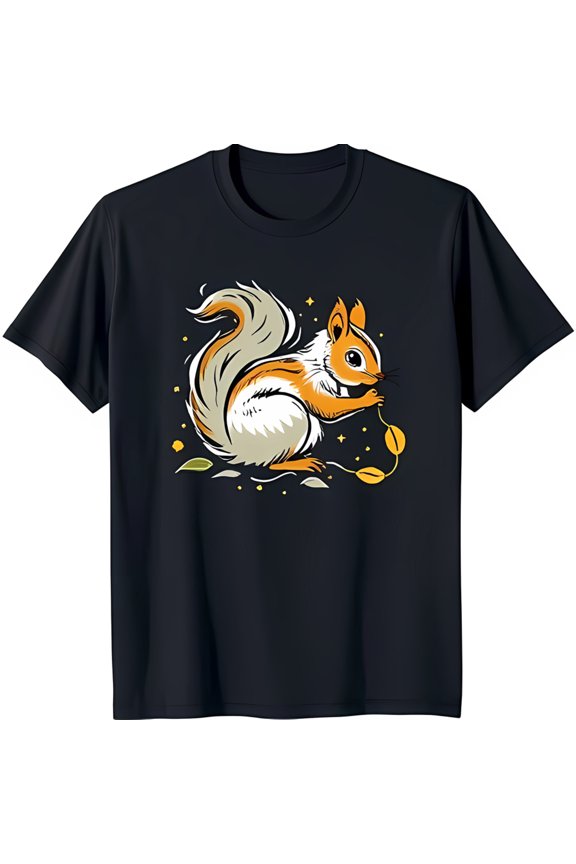Adorable Black T-Shirt with Cartoon Squirrel Graphic & Yellow Leaves