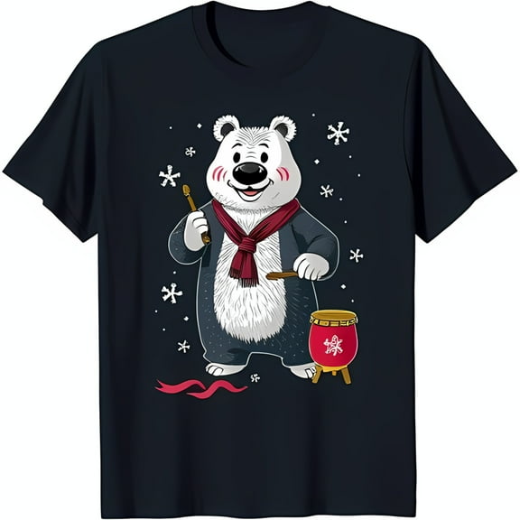Adorable Black T-Shirt with Cartoon White Bear in Red Scarf Playing Drum