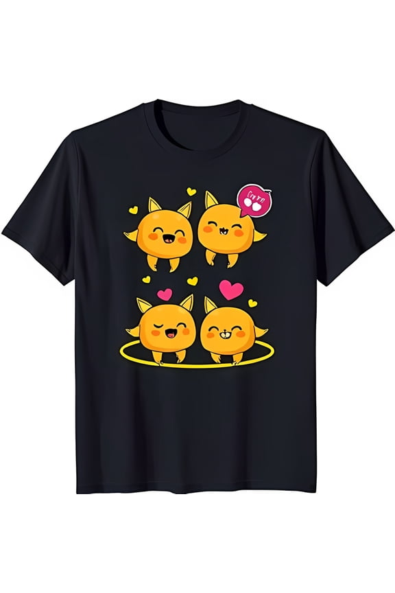 Adorable Black T-Shirt with Cartoon Yellow Characters Dancing and Smiling Heart Graphics