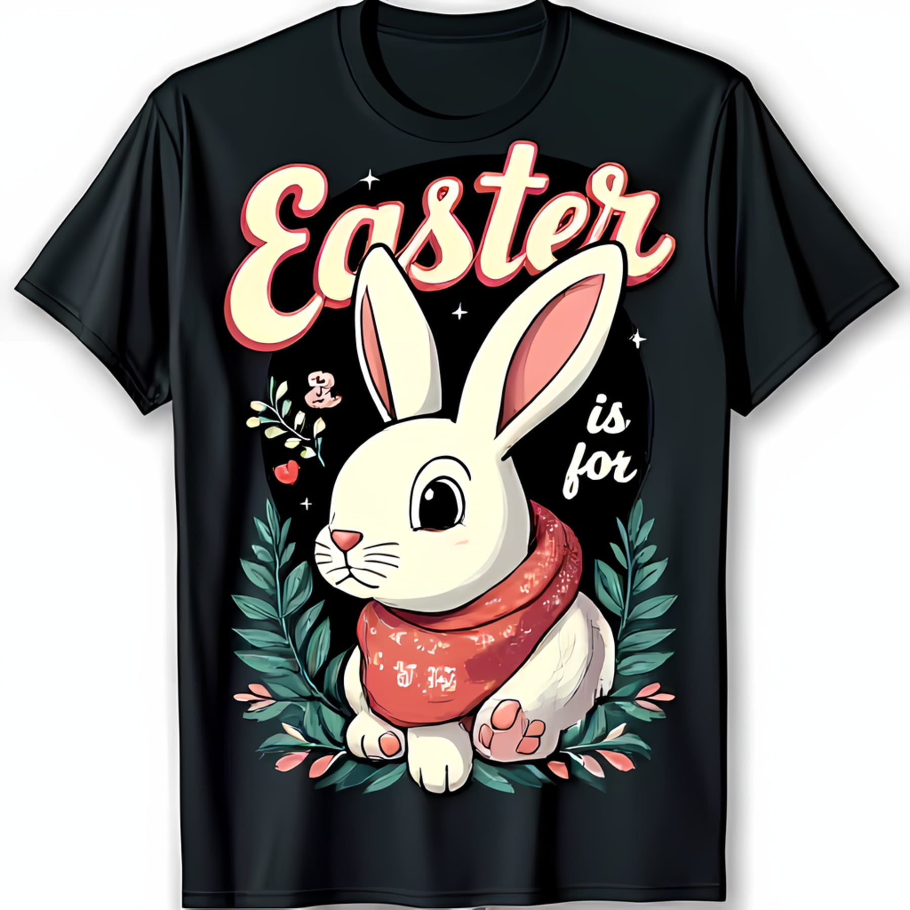 Adorable Black TShirt with Cartoon in Red Bandana & Floral Design