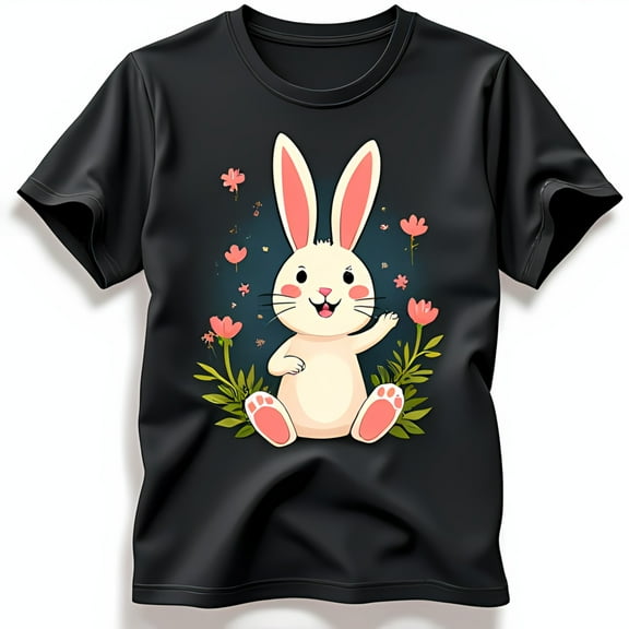 Adorable Black T-Shirt with Cheerful Graphic & Pink Flowers for
