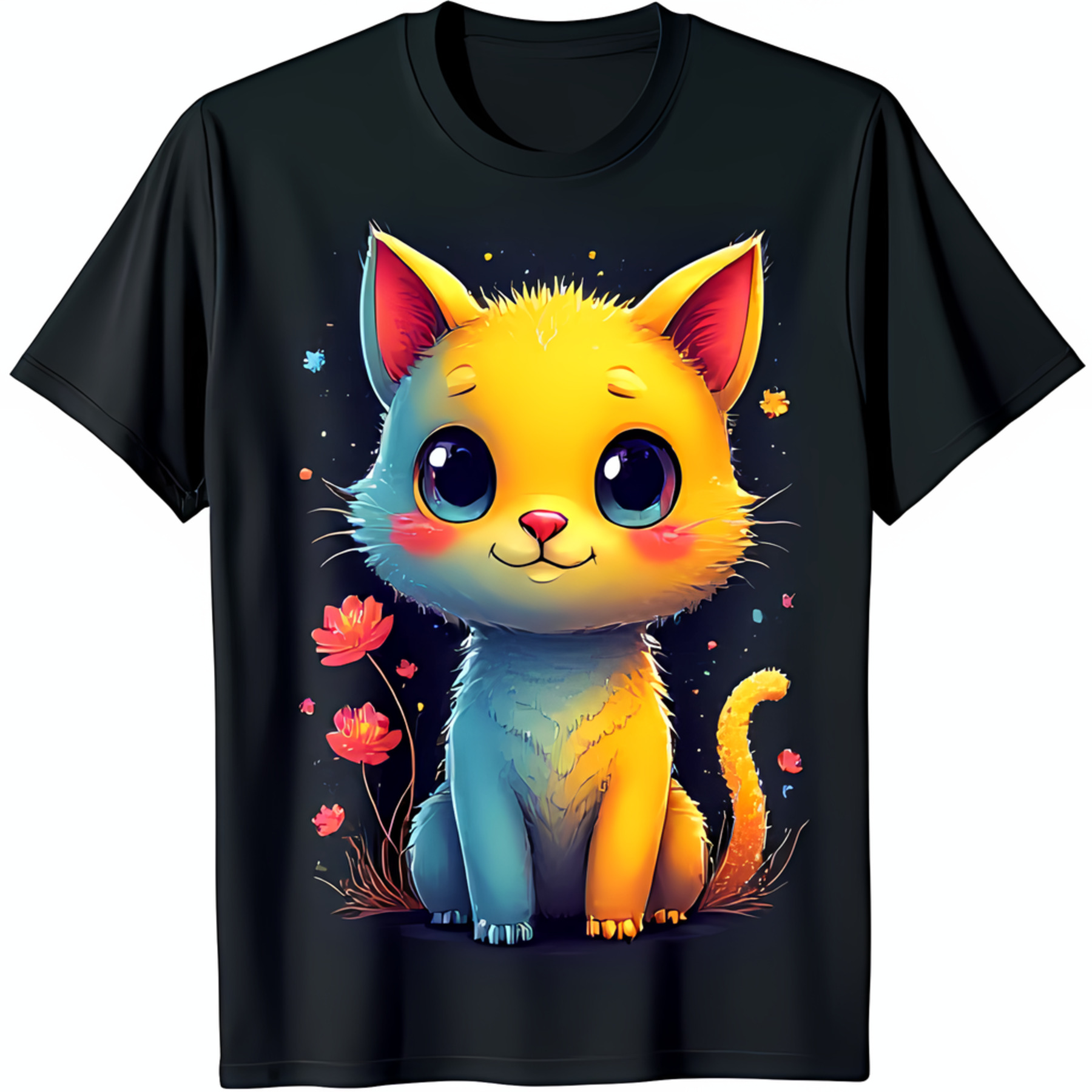 Adorable Black TShirt with Colorful Cartoon Cat Graphic & Starry