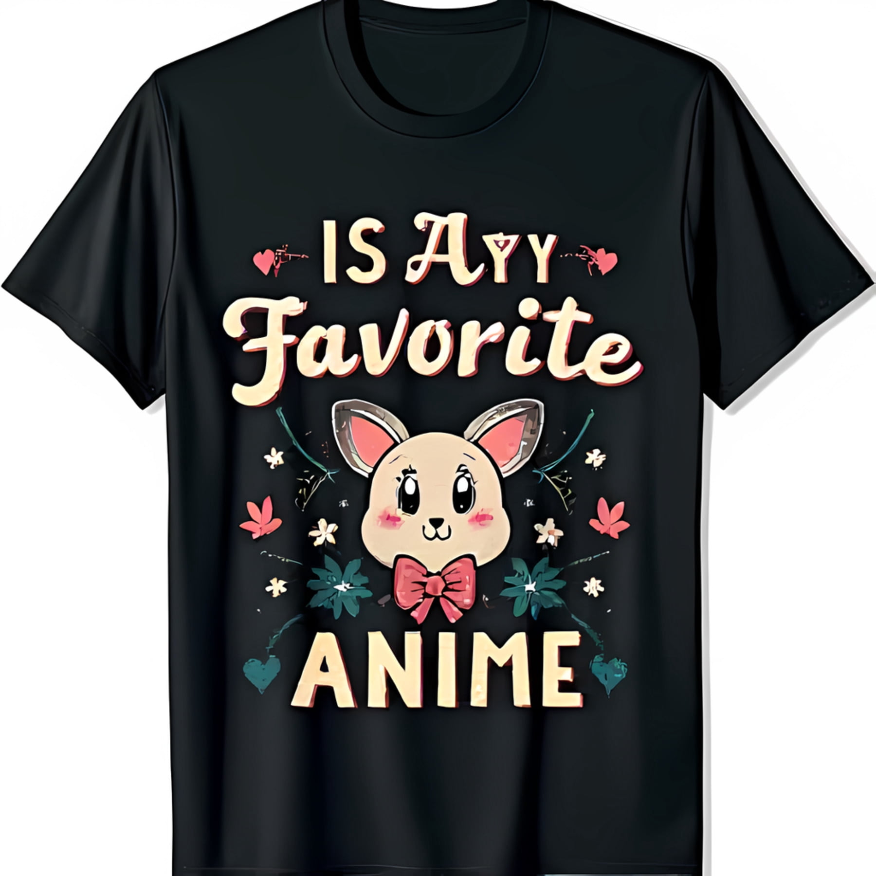 Adorable Black TShirt with Cute Cartoon Character Big Eyes Pink Ears