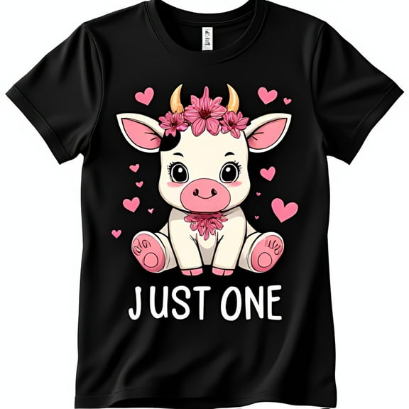 Adorable Black T-Shirt with Cute Cartoon Cow & Pink Hearts Just One Graphic