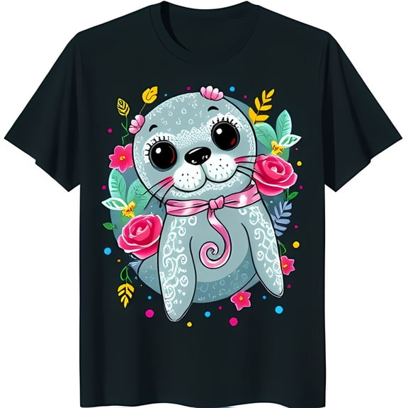 Adorable Black T-Shirt with Cute Cartoon Seal & Colorful Floral Design