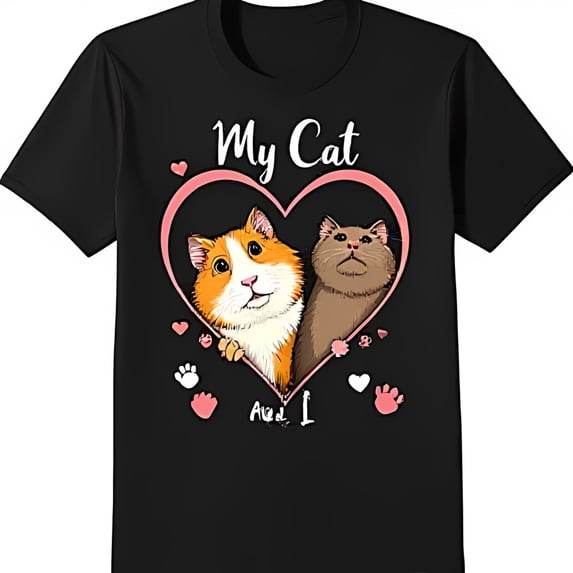 Adorable Black T-Shirt with Cute Cat Heart Graphic My Cat And I Design
