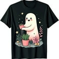 Adorable Black TShirt with Cute Pink Cartoon Ghost Watering Plant