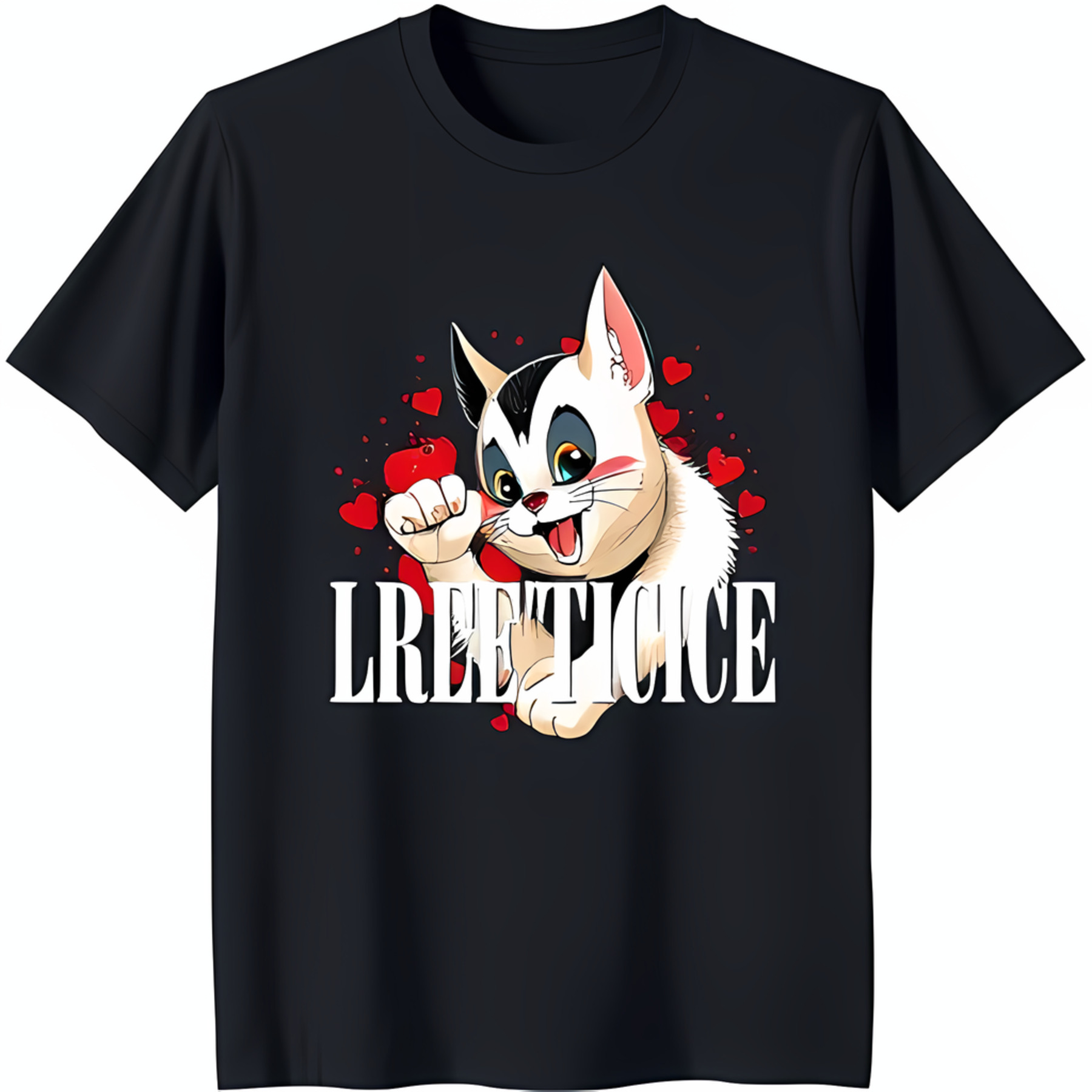 Adorable Black TShirt with Cute White Cat Red Hearts & 'LREE TICICE