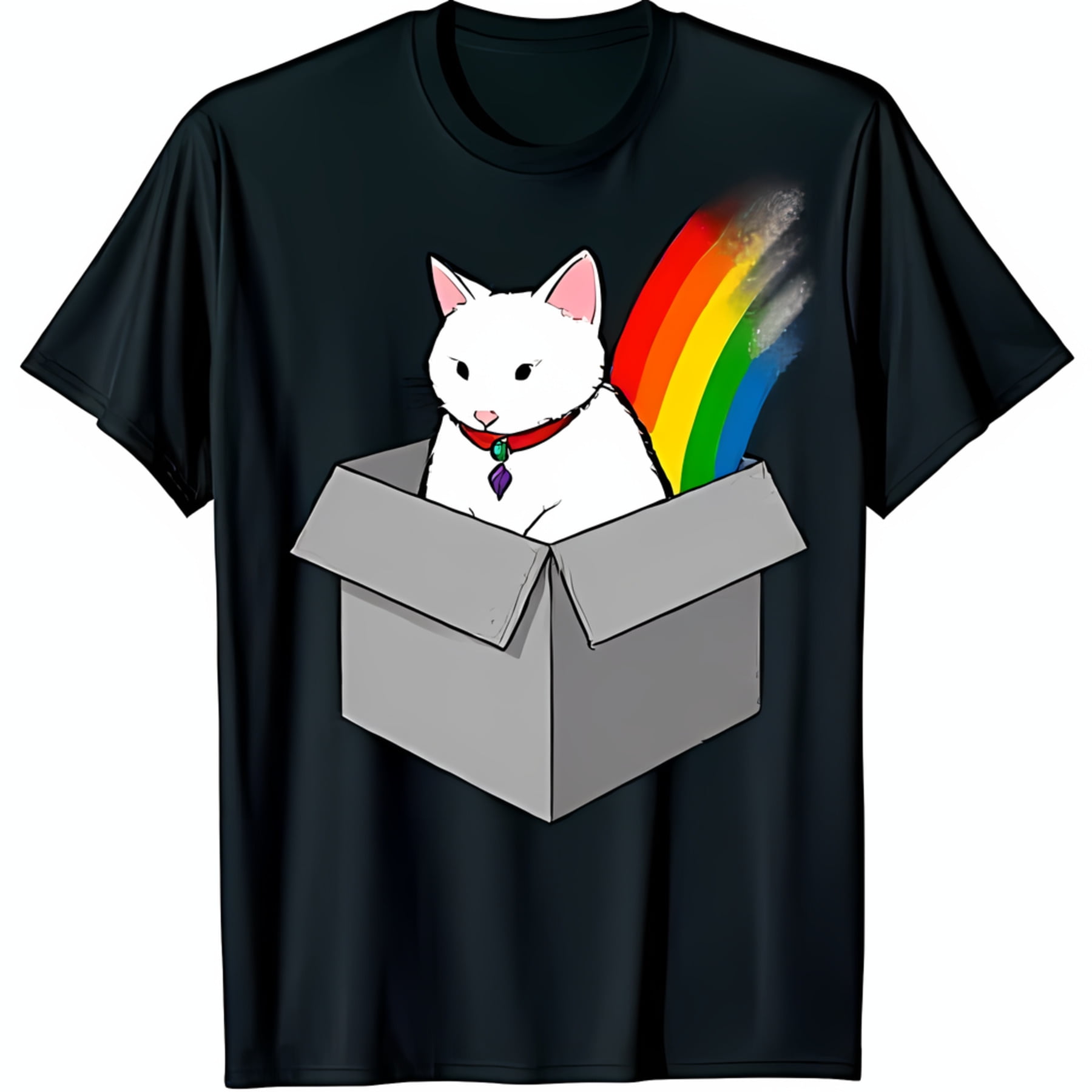 Adorable Black TShirt with Cute White Cat in Box & Rainbow Tail