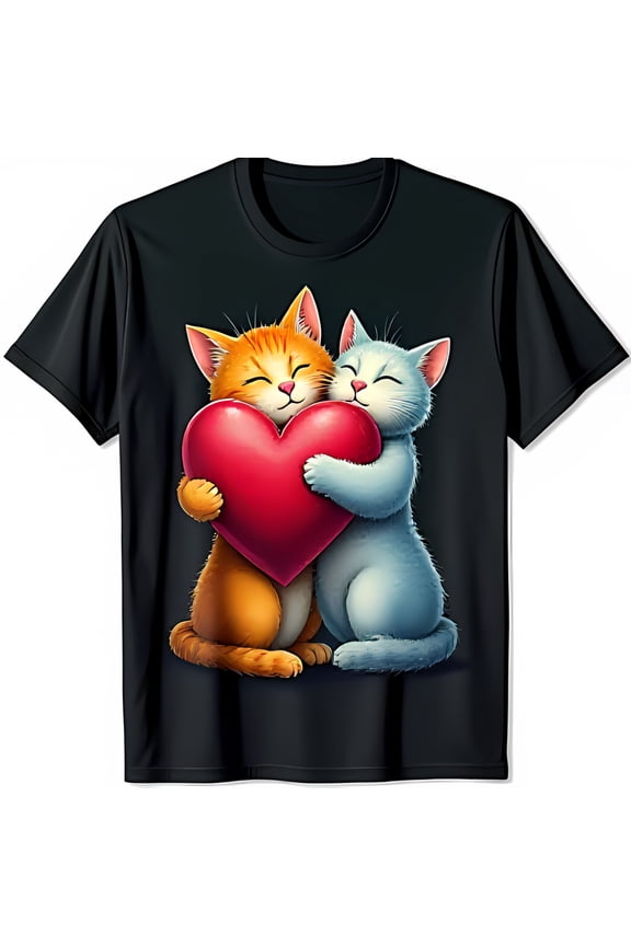 Adorable Black T-Shirt with Cute and Blue Cats Cuddling a Heart