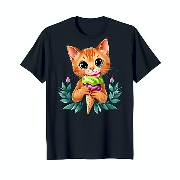 Adorable Black T-Shirt with Ginger Cat Enjoying Colorful Ice Cream & Floral Design