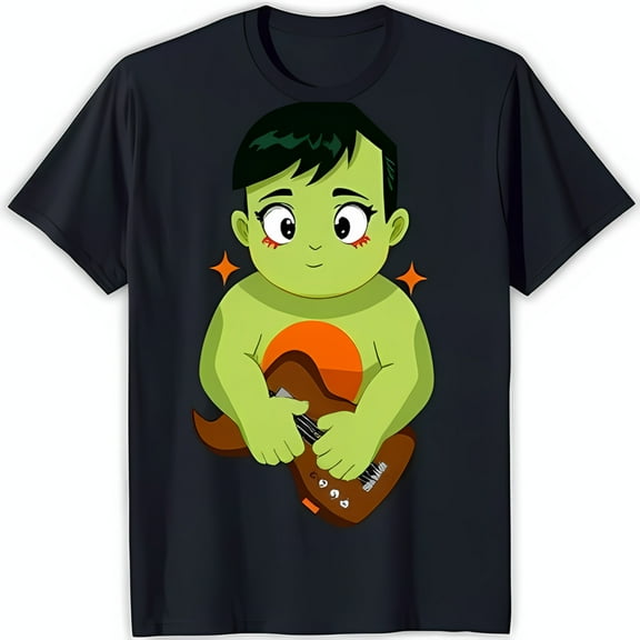 Adorable Black T-Shirt with Glowing Green Playing Brown Graphic
