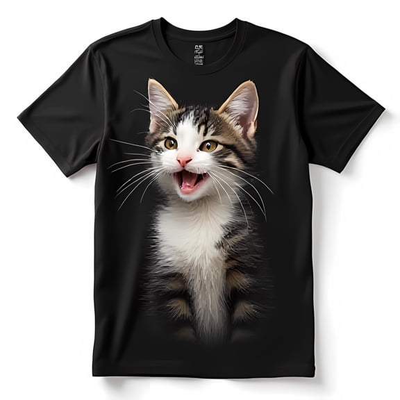Adorable Black T-Shirt with Happy Tabby Cat Graphic Soft & Comfortable