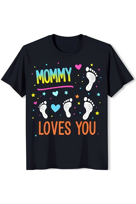 Adorable Black T-Shirt with 'Mommy Loves You' Design Colorful Footprints Hearts & Stars
