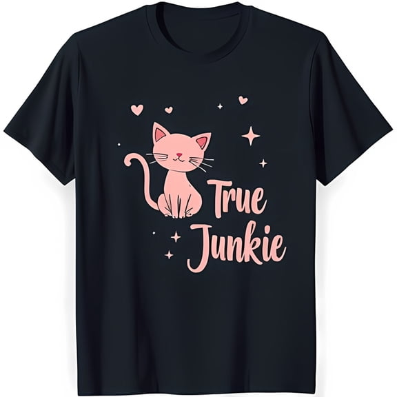 Adorable Black T-Shirt with Pink Cartoon Cat Graphic & Hearts True Junkie