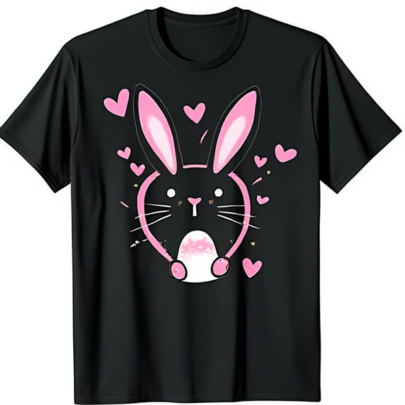 Adorable Black T-Shirt with Pink Rabbit Graphic & Hearts Design